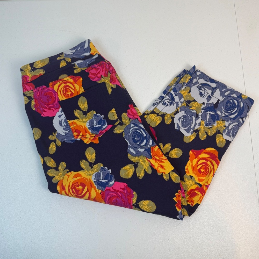 Soft Surroundings Floral Rose Pull On Cropped Pants Navy Blue PXL